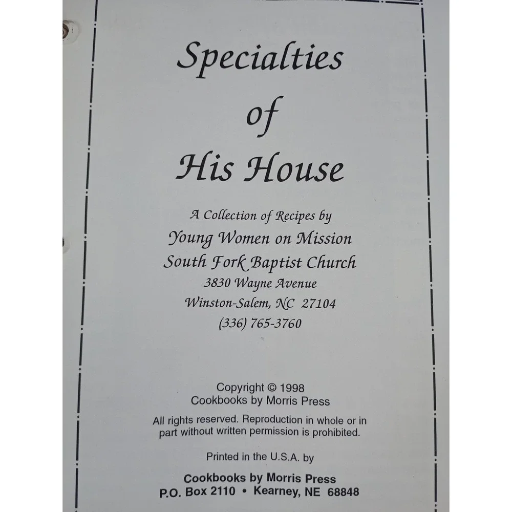 Recipes Cookbook South Fork Baptist Church Winston Salem, NC 1998‎ Binder